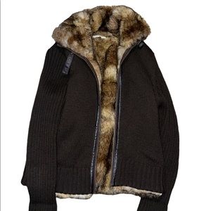 Orvis womens sweater faux fur jacket large brown wool